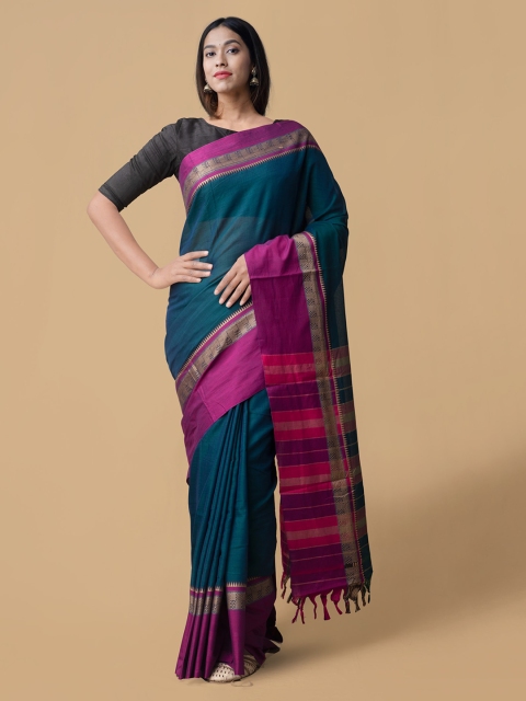 

Unnati Silks Green & Pink Pure Cotton Striped Narayan Peth Handloom Saree