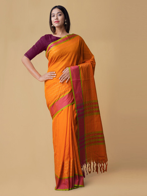 

Unnati Silks Orange Pure Cotton Solid Handloom Narayan Peth Saree