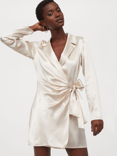 

H&M Women Cream Solid Satin Jacket Dress