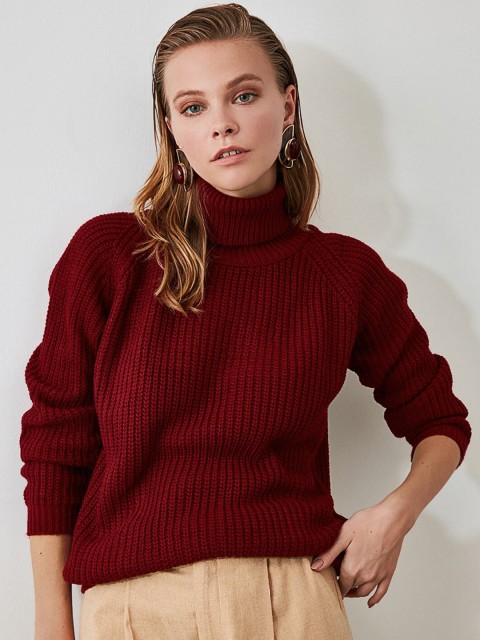 

TRENDYOL COLLECTION Women Burgundy Ribbed Acrylic Pullover Sweater