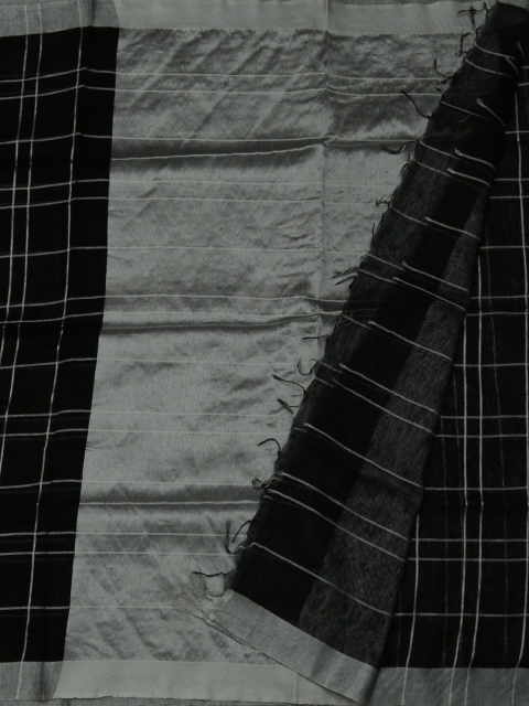 

Pothys Black & Grey Pure Linen Checked Saree