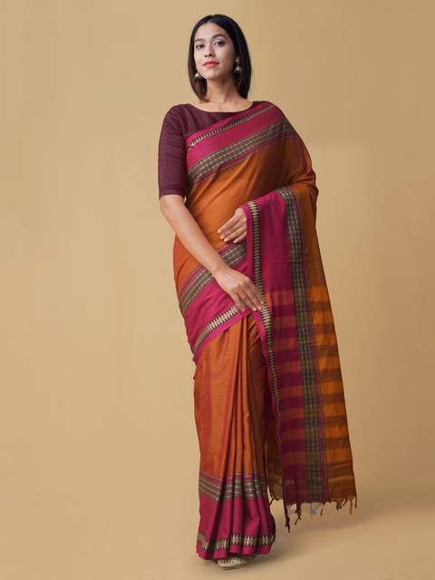 

Unnati Silks Orange & Pink Pure Cotton Colourblocked Narayan Peth Handloom Saree