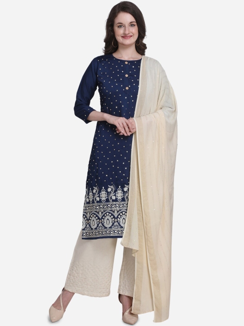 

Kvsfab Navy Blue & Beige Silk Blend Unstitched Dress Material