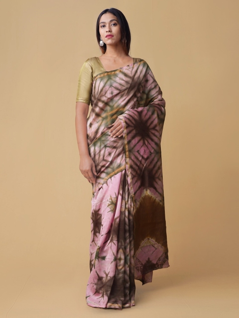 

Unnati Silks Pink & Brown Silk Cotton Printed Chanderi Saree