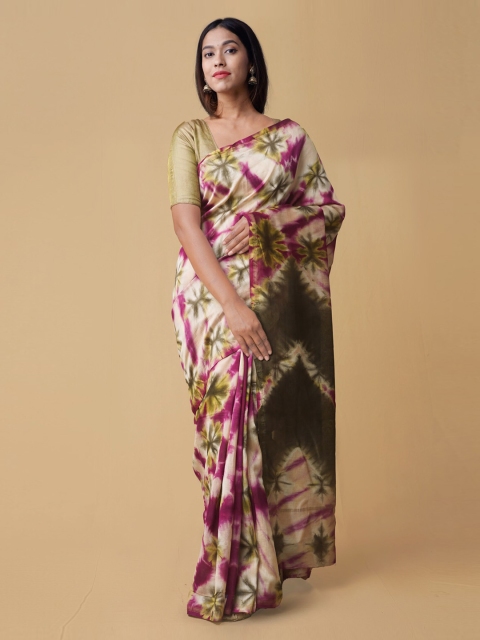 

Unnati Silks Off-White & Olive Green Silk Cotton Printed Chanderi Handloom Saree