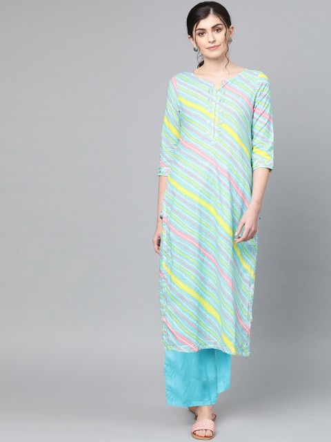 

Ishin Women Blue & Pink Leheriya Print Straight Kurta