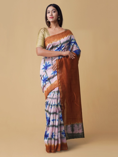 

Unnati Silks Pink & Blue Silk Cotton Printed Chanderi Saree