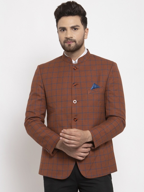 

NEUDIS Men Brown & Blue Checked Single-Breasted Bandhgala Formal Blazer