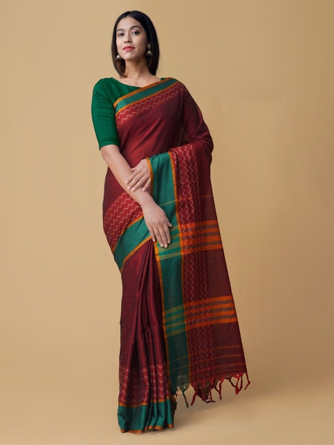 

Unnati Silks Maroon & Green Pure Cotton Woven Design Narayan Peth Saree