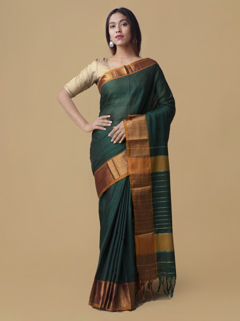 

Unnati Silks Green & Gold-Coloured Pure Cotton Solid Venkatgiri Saree