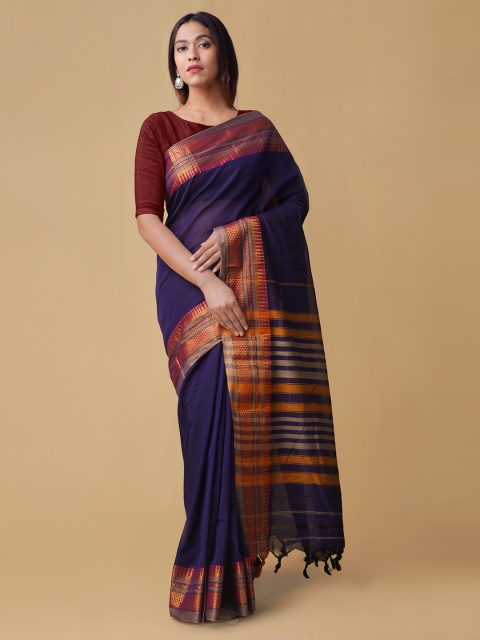 Unnati Silks Blue Pure Cotton Solid Handloom Venkatgiri Saree