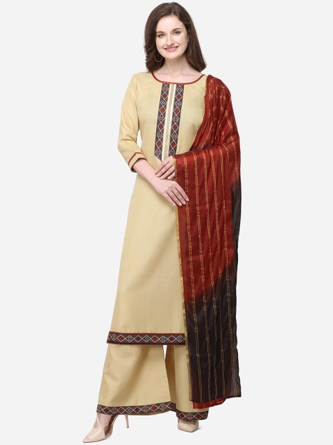 

Kvsfab Beige & Maroon Cotton Blend Unstitched Dress Material