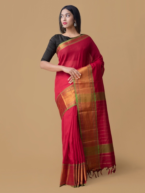

Unnati Silks Red Pure Cotton Solid Handloom Narayan Peth Saree