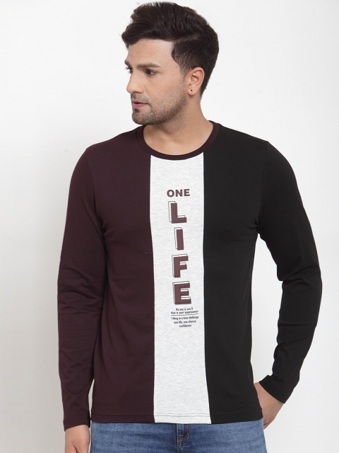 

CONFIDENCE Men Burgundy & Black Colourblocked Round Neck T-shirt