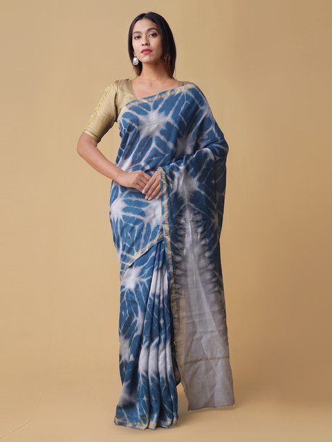 

Unnati Silks Blue Silk Cotton Printed Handloom Chanderi Saree