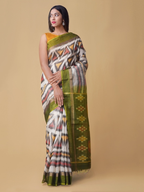 

Unnati Silks White & Green Silk Cotton Printed Handloom Pochampally Saree