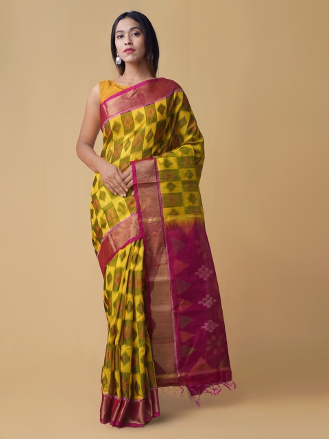 

Unnati Silks Yellow & Pink Silk Cotton Printed Pochampally Saree