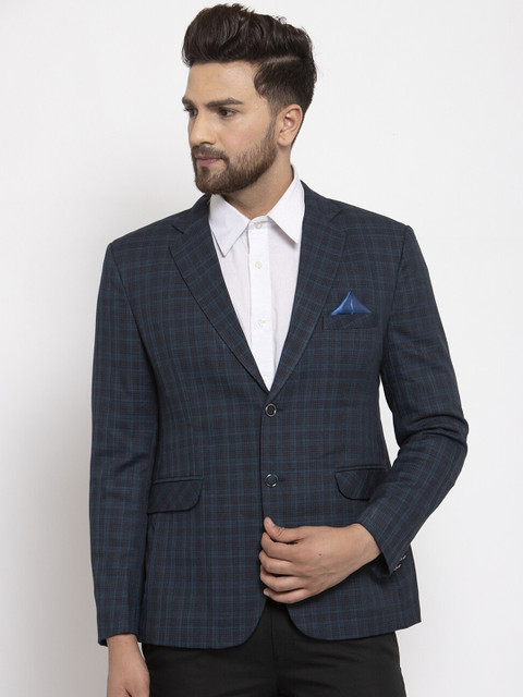

NEUDIS Men Navy-Blue Checked Single-Breasted Formal Blazer