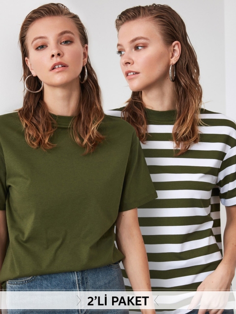 

TRENDYOL COLLECTION Women Pack Of 2 Green & White Round Neck T-shirts