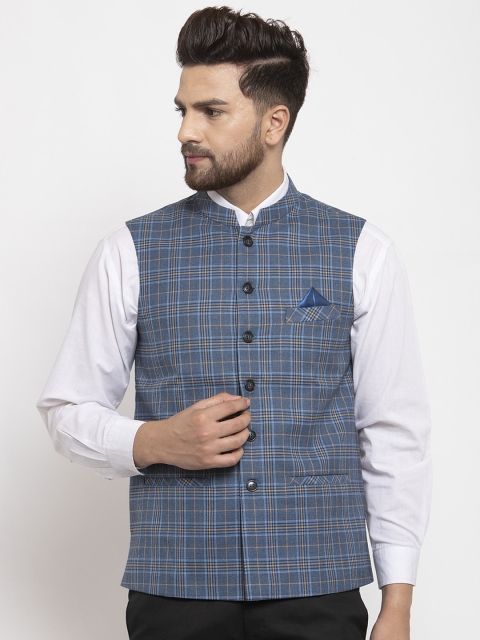 

NEUDIS Men Blue & Yellow Checked Woven Nehru Jacket