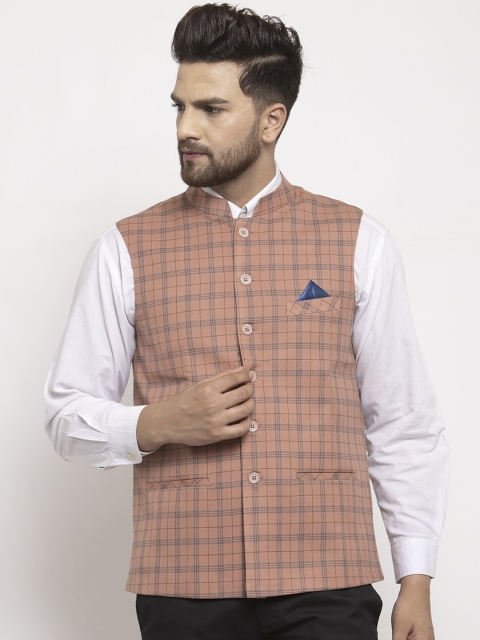 

NEUDIS Men Peach-Coloured & Black Checked Woven-Design Nehru Jacket
