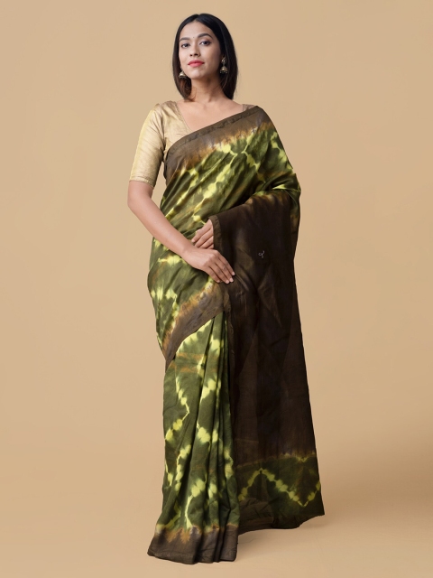 

Unnati Silks Olive Green Silk Cotton Printed Chanderi Handloom Saree