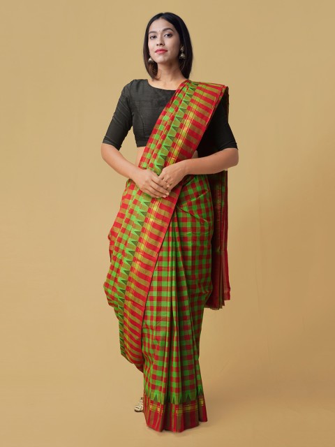 

Unnati Silks Red & Green Pure Cotton Checked Chettinad Saree
