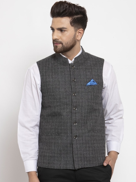 

NEUDIS Men Grey & Black Checked Nehru Jacket