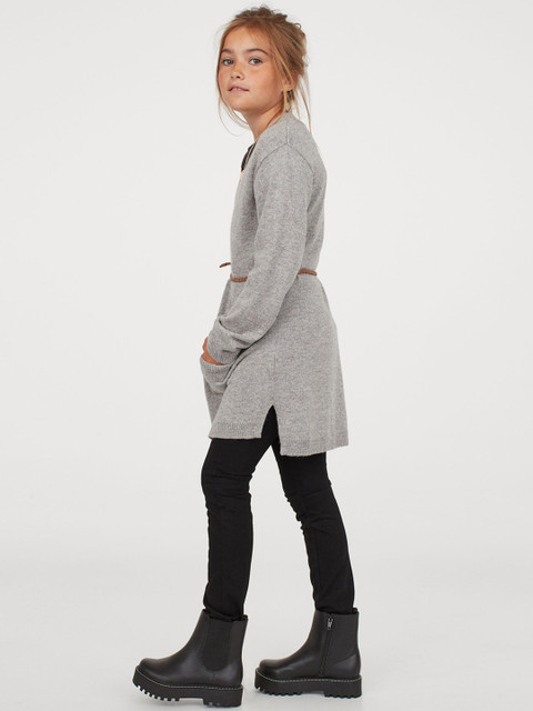 

H&M Girls Grey Melange Solid Belted Knitted Cardigan