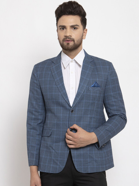 

NEUDIS Men Blue Checked Single-Breasted Formal Blazer