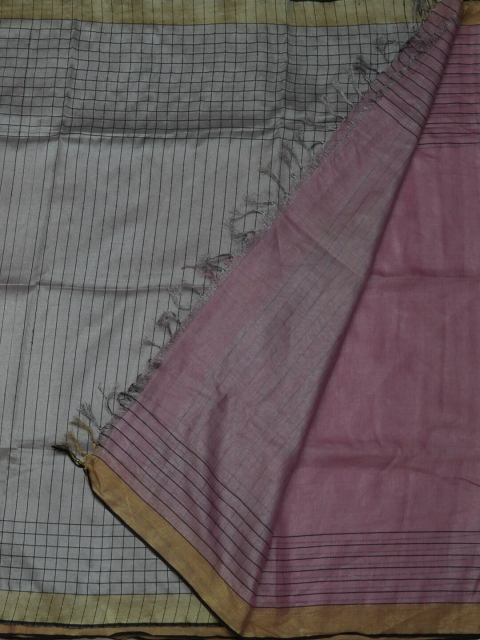 

Pothys Pink & Grey Pure Linen Striped Saree