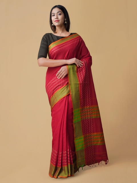 

Unnati Silks Red & Green Pure Cotton Woven Design Narayan Peth Saree