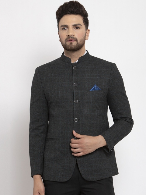 

NEUDIS Men Green Checked Regular-Fit Formal Bandhgala Blazer