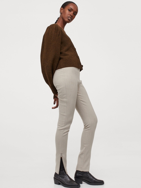 

H&M Women Beige Solid Zip-Hem Trousers