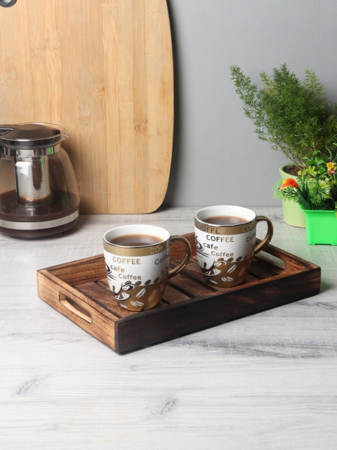 

ceradeco Set of 2 White & Brown Printed Porcelain Cups With Tray 200 ml each