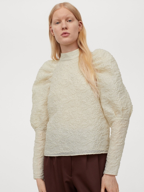 

H&M Women Cream Solid Puff-Sleeved Blouse