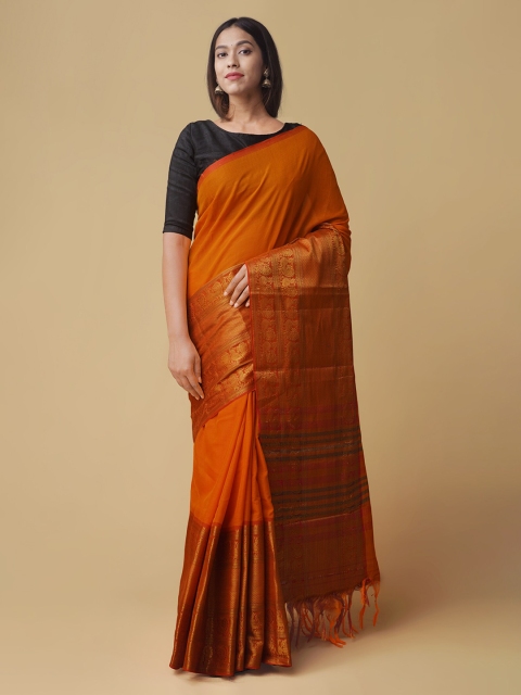 

Unnati Silks Orange Pure Cotton Solid Handloom Venkatgiri Saree
