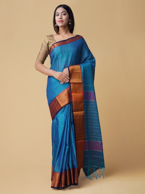 

Unnati Silks Blue Pure Cotton Solid Handloom Venkatgiri Saree