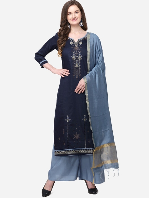

Kvsfab Navy Blue Silk Blend Unstitched Dress Material
