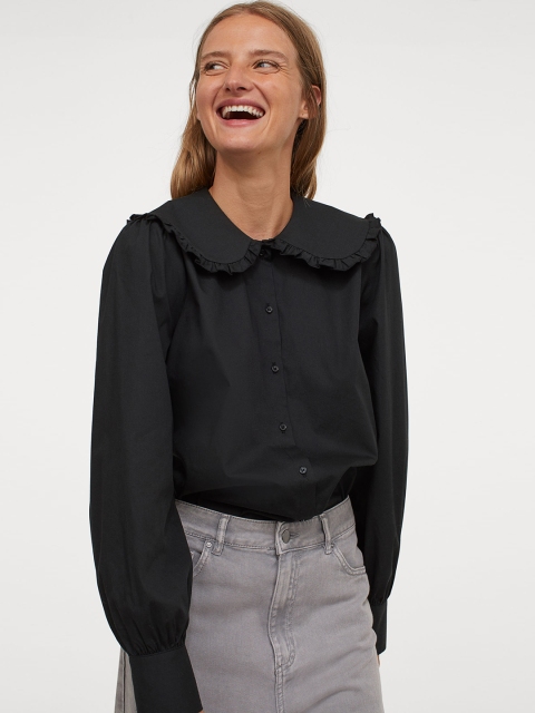

H&M Women Black Solid Large-Collared Blouse