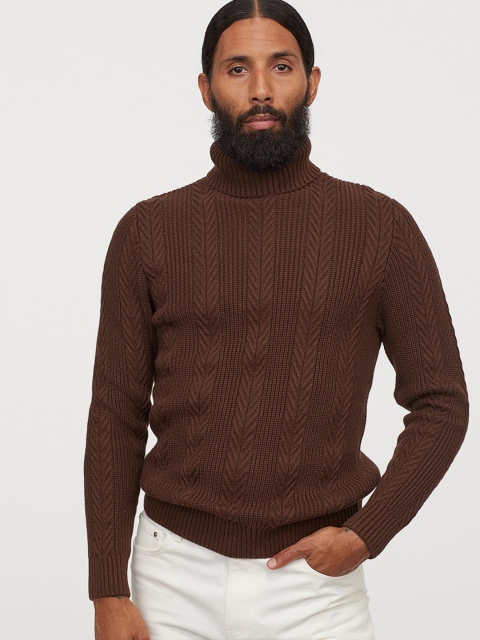 H&M Men Brown Solid Cable-Knit Polo-Neck Jumper