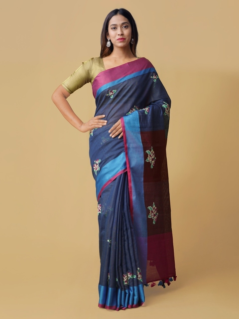 

Unnati Silks Blue & Pink Pure Linen Embroidered Saree