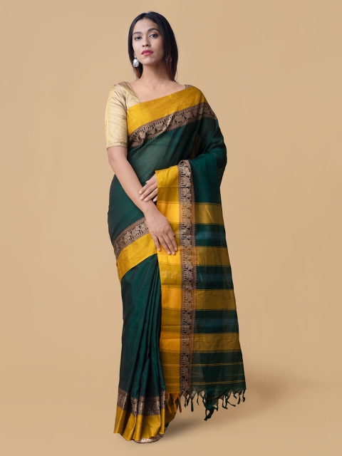 

Unnati Silks Green & Yellow Pure Cotton Striped Narayan Peth Handloom Saree