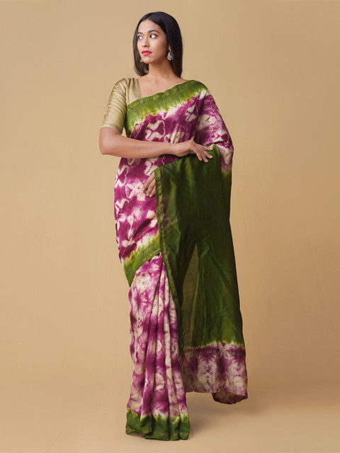 

Unnati Silks Pink & Green Silk Cotton Printed Chanderi Saree
