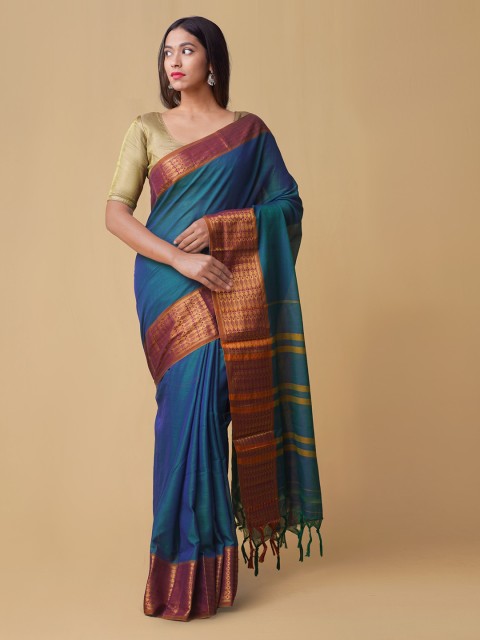 

Unnati Silks Blue Pure Cotton Colourblocked Venkatgiri Saree