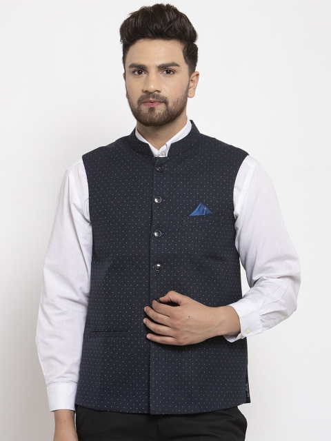 

NEUDIS Men Navy Blue & Off-White Woven Design Nehru Jacket