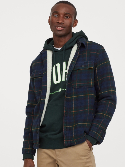 

H&M Men Blue Checked Faux Shearling-Lined Shacket