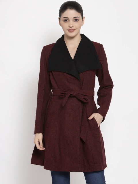 

Owncraft Women Red & Black Self-Design Longline Overcoat