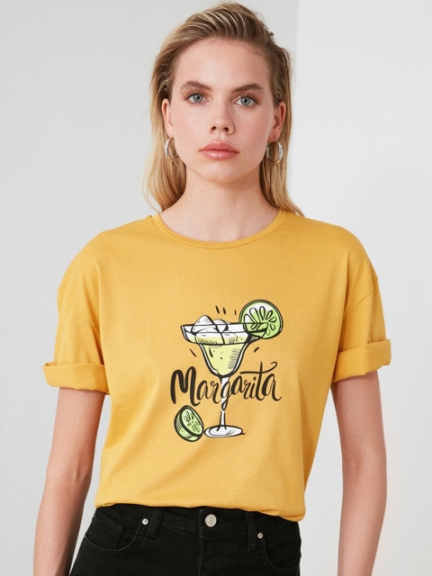 

TRENDYOL COLLECTION Women Yellow Printed Round Neck T-shirt