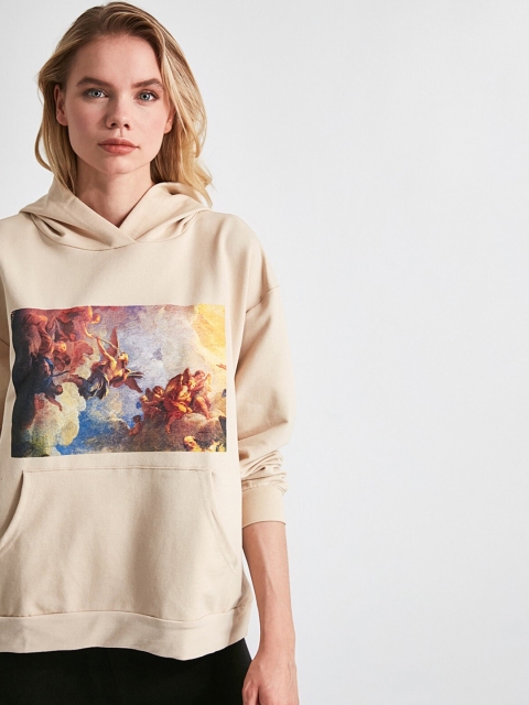 

TRENDYOL COLLECTION Women Beige Printed Hooded Sweatshirt